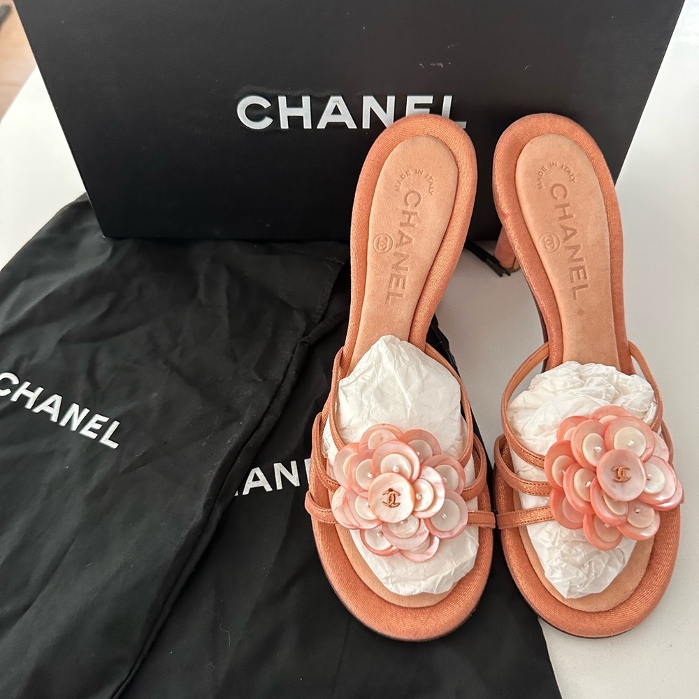 CHANEL Camellia Sandals Slides, 37.5